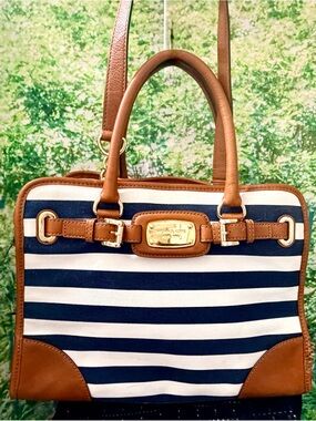 Michael Kors Navy and White Striped Satchel with Tan Trim